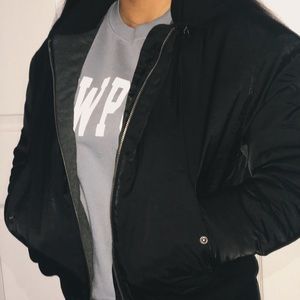 puffy black bomber jacket with hood